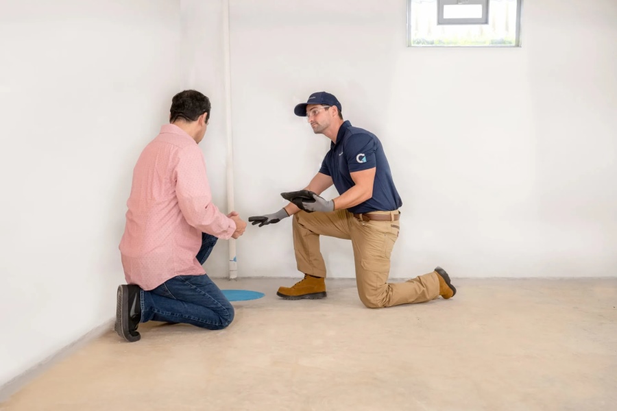 two men assessing basement water damage