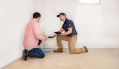 two men assessing basement water damage