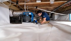 A worker installing a dehumidifier in a crawl space.