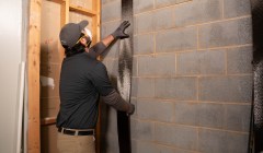 A worker installing Carbon Fiber in basement.