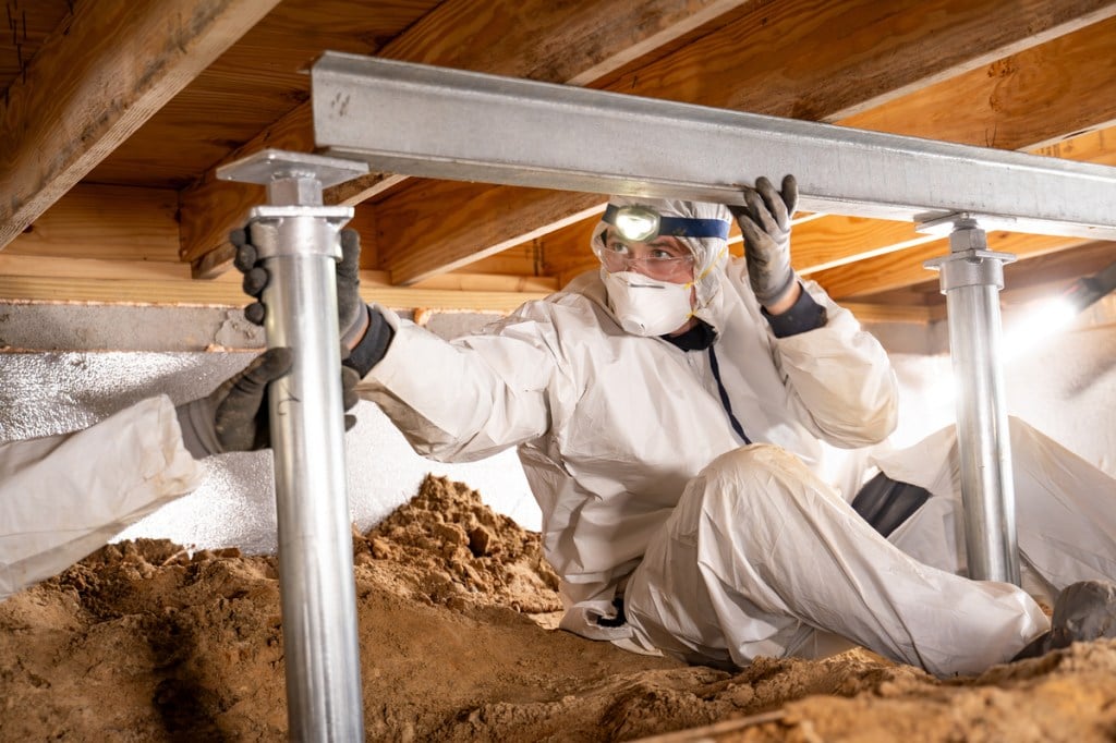 A worker installing Intellijack crawl space jacks.