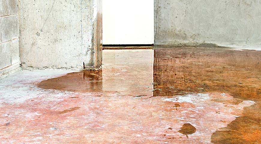 Water on the floor of a basement with a pink floor