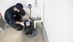 A worker installing a sump pump.