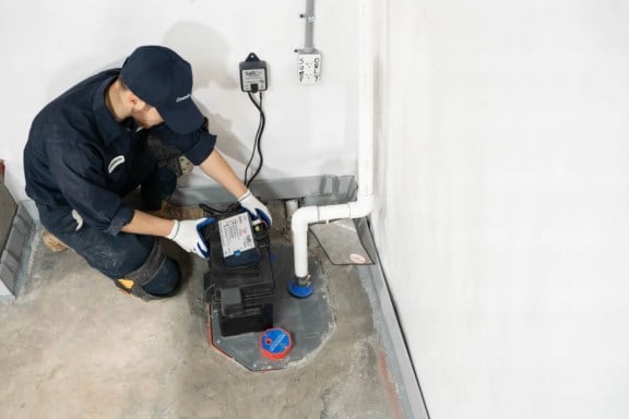 A worker installing a sump pump.