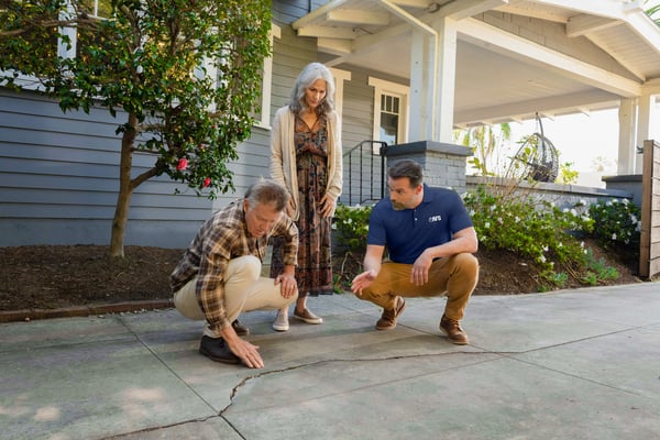 Homeowners and Groundworks inspector looking at concrete driveway crack