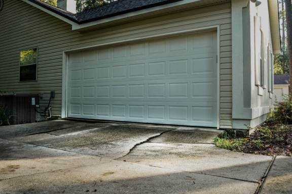 Cracked driveway at the base of the driveway by the garage door