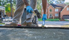 Crew hammering driveway in front of brick house