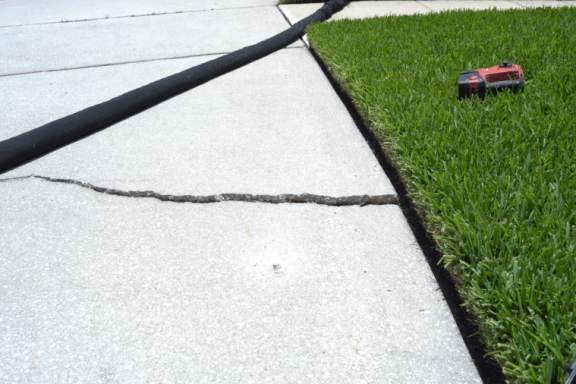 Cracked concrete on sidewalk of home next to grassy yard