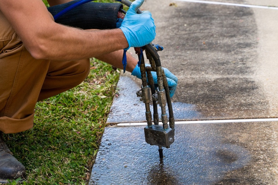 Close up of CFI repairing a concrete sidewalk with Polyrenewal.