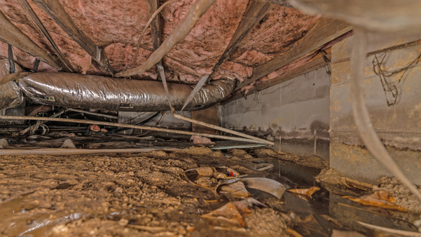 A crawl space showing severe signs of damage from humidity.