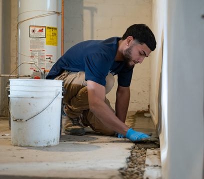 A Groundworks CFI waterproofing a basement.