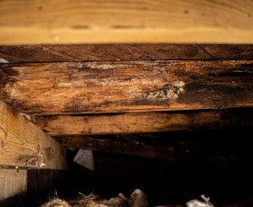 Close-up of wooden beams with visible mold growth and water damage.