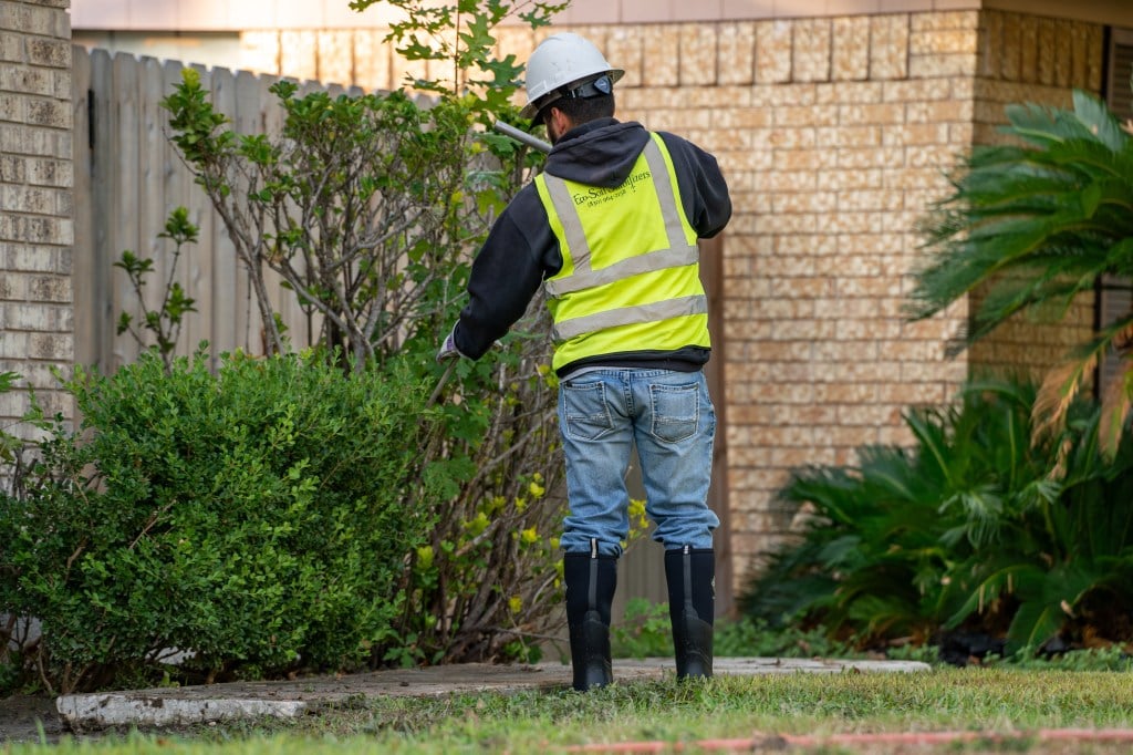 lawncare expert investigating shrubs