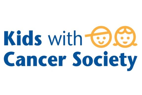 Logo with the text "Kids with Cancer Society" and two smiling childlike faces in orange.