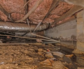 A crawl space showing severe signs of damage from humidity.